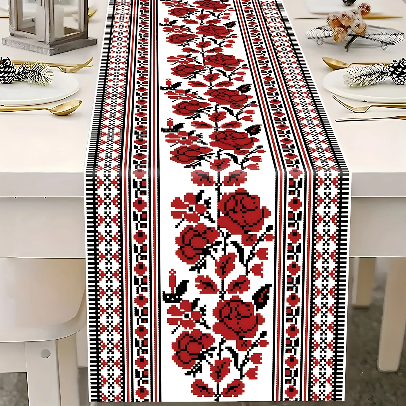 1 Stück Tischläufer im osteuropäischen Stil, ukrainisches Design mit roten und weißen Rosen und Vögeln, ideal für Heim-, Küchen- und Partydekoration