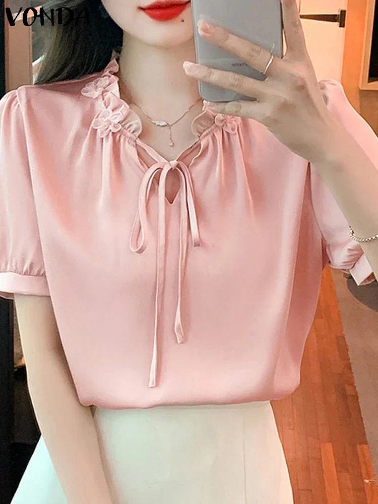 

VONDA Women Summer Elegant Blouses 2025 Short Sleeve Ruffled V-Neck Shirts Fashion Casual Solid Color Tunic Tops Loose Blusas