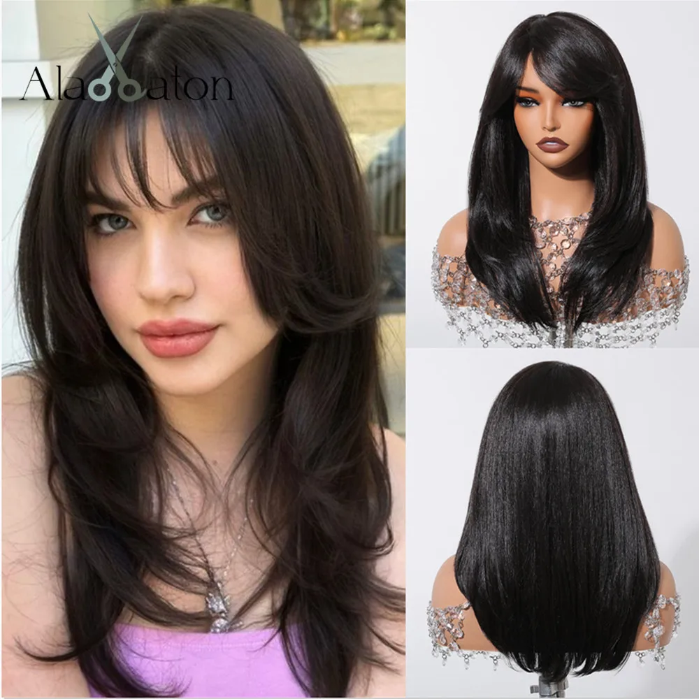 ALAN EATON Natural Black Synthetic Wig Long Layered Wig with Bangs Smooth Straight Hair for Women Daily Wear Soft Realistic Wig