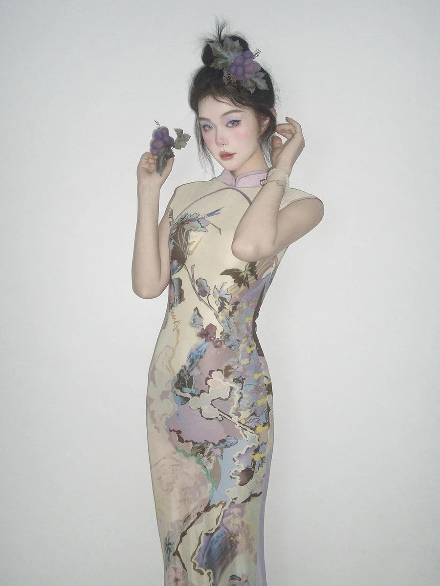 REDDACHiC التعادل صبغ طباعة شبكة شيونغسام المرأة أنيقة اتجاهين طويل ذيل السمكة تشيباو فستان التقليدية الصينية حفلة ثوب مسائي