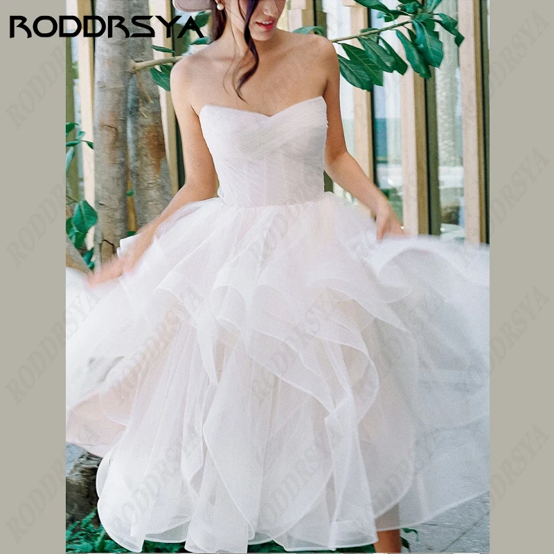 RODDRSYA Strapless Mini Short Wedding Dress For Women Zipper Backless Simple Sleeveless Bride Party A-Line Tulle Robe De Mariée