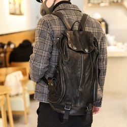 Women Men's Backpack Zipper Retro Old Leather Shoulder School Bag Fashion Dark Wind Soft Youth Black Travel Backpacks