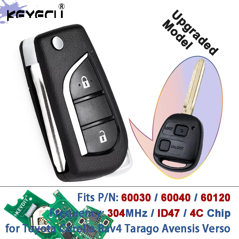 

KEYECU PN: 60030/60040/60120 304 МГц 4C/4D67 Обновленный флип-брелок с чипом для Toyota Corolla Rav4 Tarago Avensis Verso