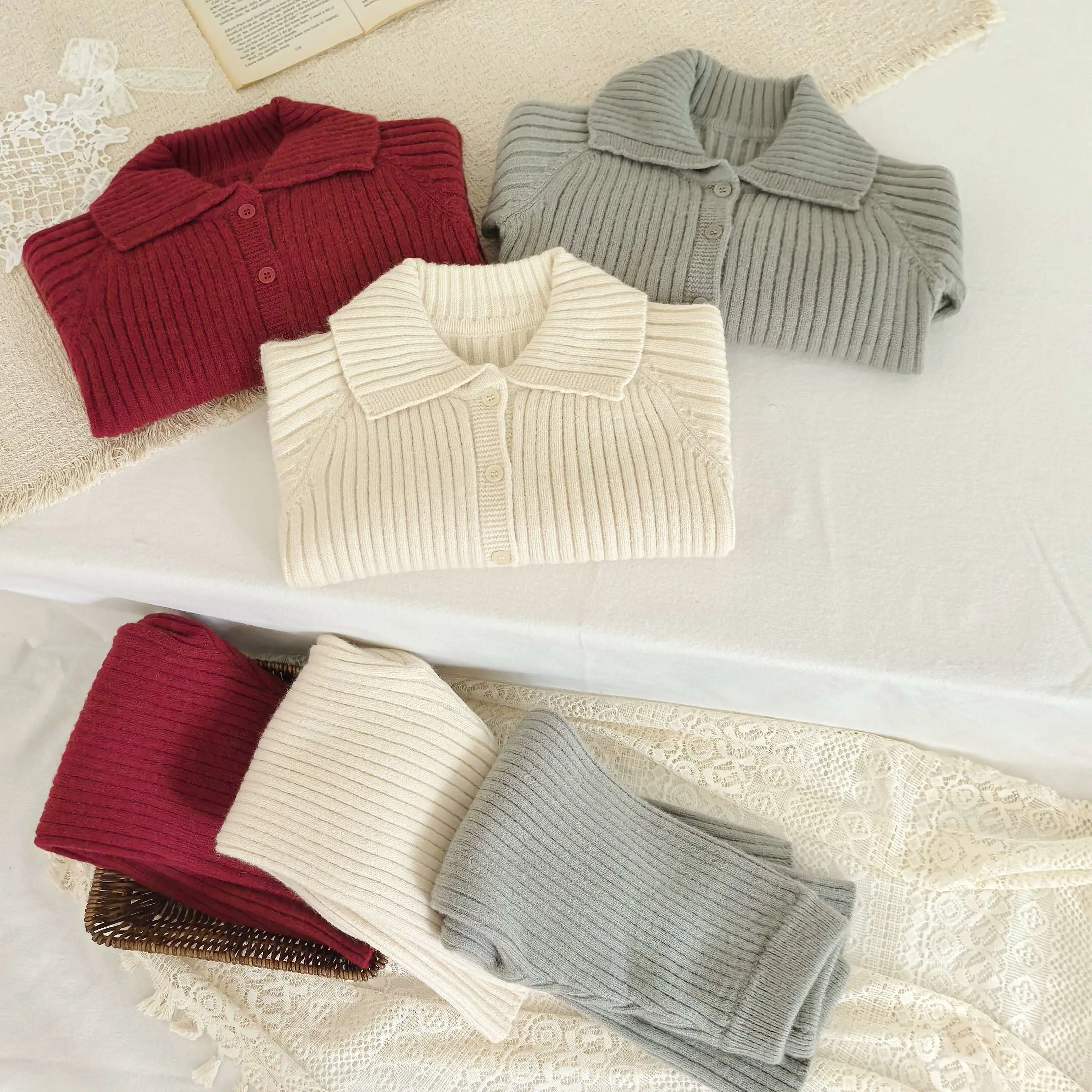 Toddler Baby Girls Ribbed Knit 2 Piece Outfit Lapel Button Cardigan + Wide Leg Pants Set Kids Spring Autumn Suit White Red Light