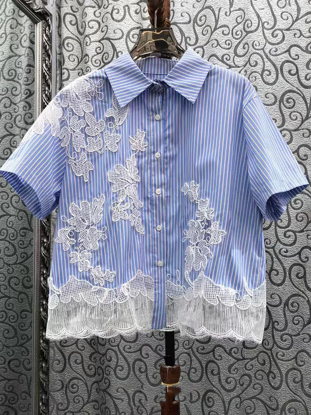 

Summer 2026 Women's Loose Fit Short Sleeve Embroidered Lace Patchwork Shirt Stand Collar Korean Style Commute Fashion