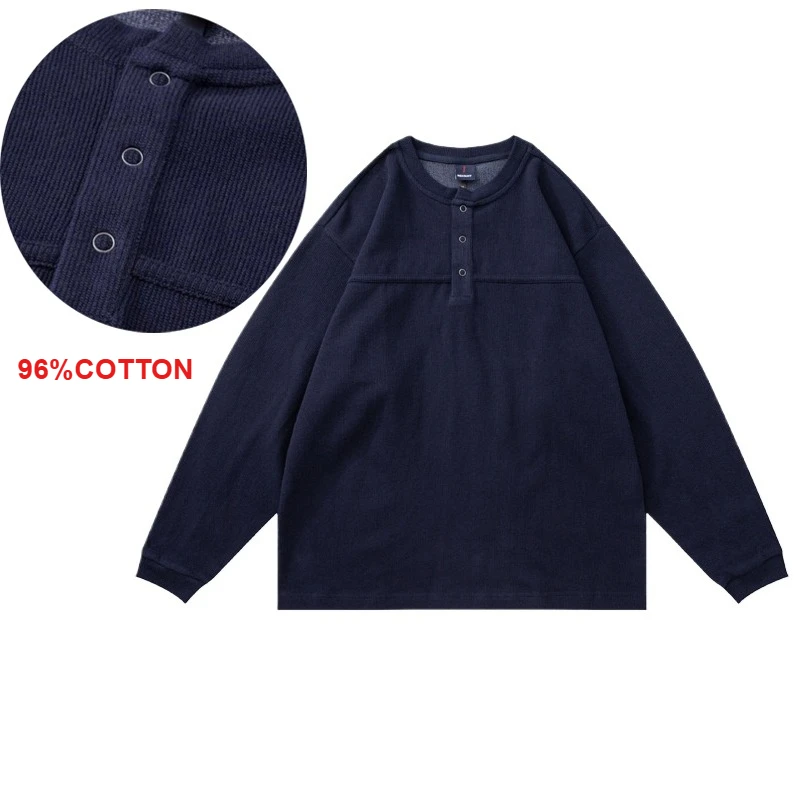 Men's Vintage Basic Pullover Henley Sweatshirt Autumn/Winter 370g Heavy - Weight Coarse Yarn Texture Long - Sleeved
