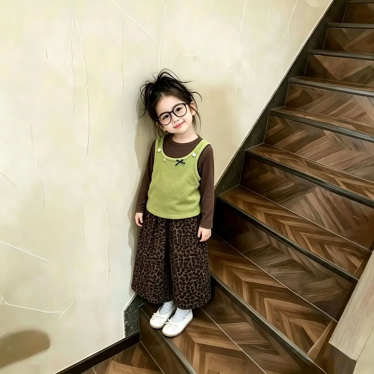 Mädchen-Set mit Leopardenmuster: Weite Hose und Langarm-Oberteil – 2-teiliges Outfit im koreanischen Stil für Kleinkinder, Kleidung für Kleinkindmädchen – Detail 1