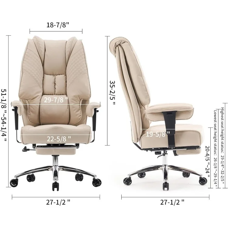 Grote en hoge bureaustoel 400 lbs brede zitting, lederen executive bureaustoel met hoge rugleuning en voetsteun, ergonomische bureaustoel
