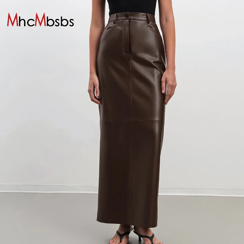 

Vintage Brown Pu Faux Leather Maxi Skirts For Woman Elegant High Waisted Straight Skirts Casual Simple Ankle-Length Skirt Female