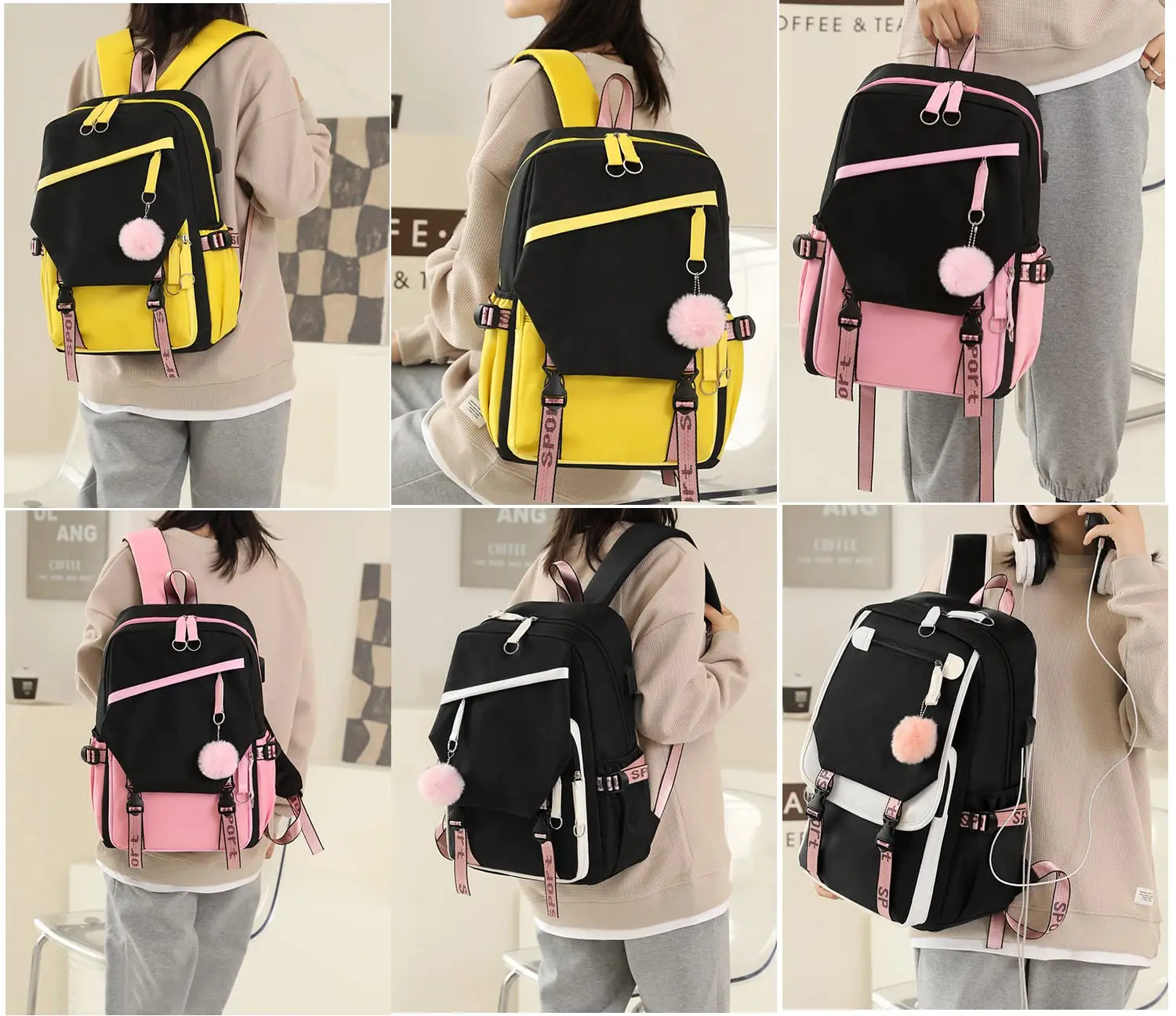 Mochila para adolescentes, 21 polegadas, preto, rosa, amarelo, mochila para estudantes do ensino médio, mochila ao ar livre com porta de carga USB