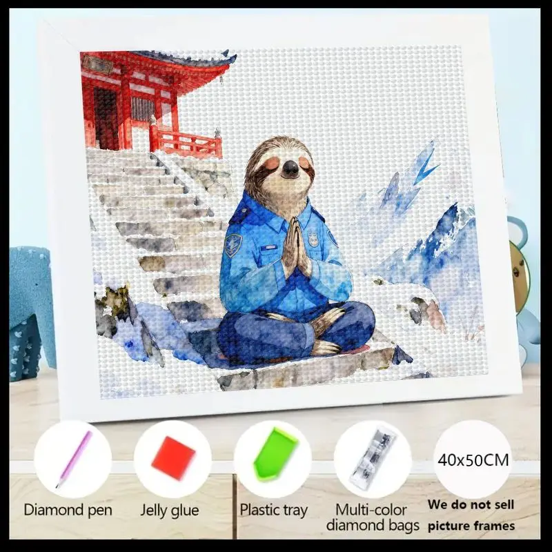 

1PC DIY 5D Diamond Painting Kit, Funny & Cute Meditating Sloth Police Officer Diamond Art, Zen Japanese Temple & Snowy Mountain