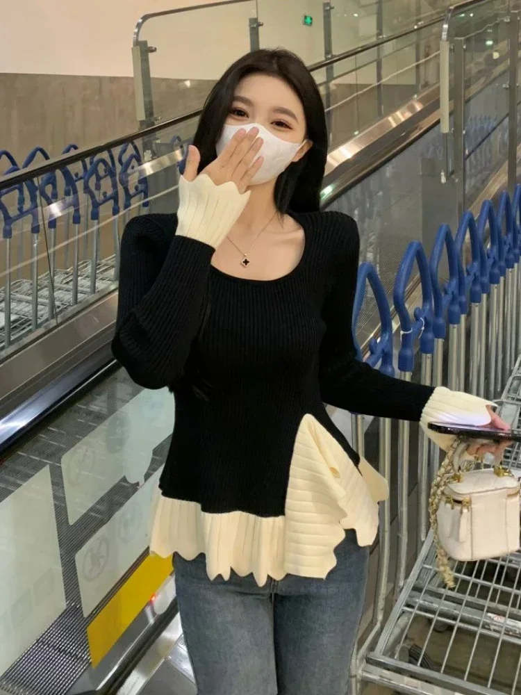 Irregular Sweaters Women Korean Style Side-slit Knitwear Fashion Ruffles Cozy Fall Winter Retro Patchwork Lady Elegant Aesthetic