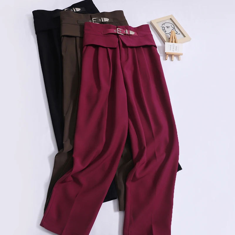 Hikigawa Chic Fashion Women All Match High Waist Harem Pants Spring Solid Vintage Leather Button Straight Trousers Ropa Mujer