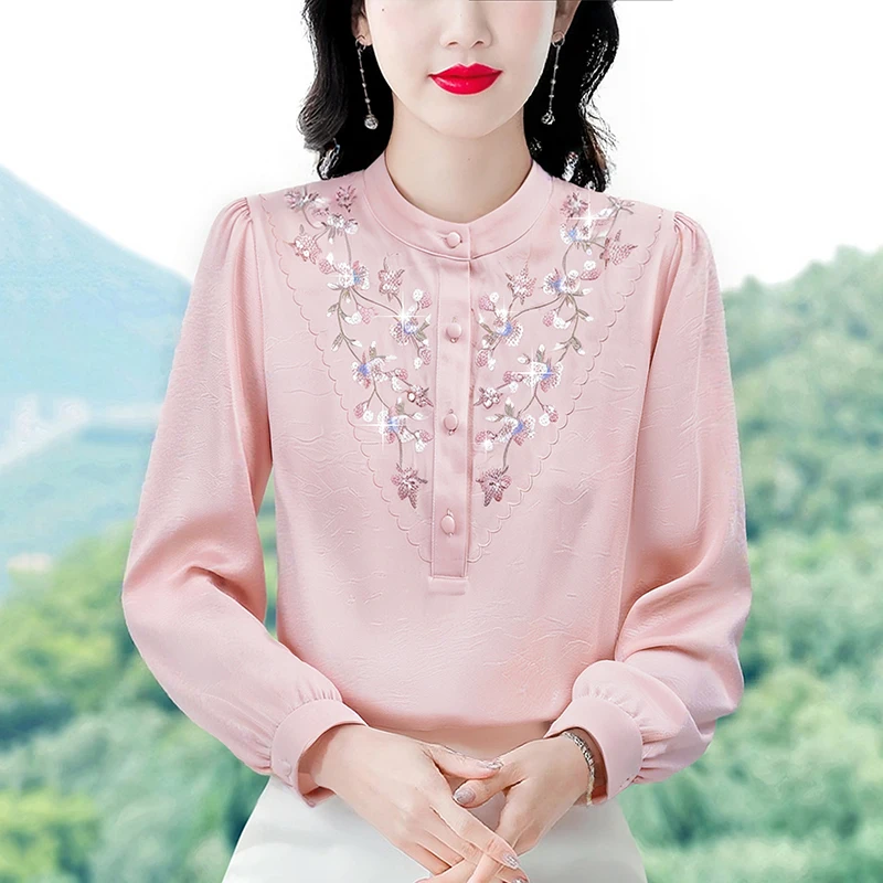 

Осенняя женская одежда 2024, новые модные топы с вышивкой, жаккардовая атласная рубашка с длинными рукавами и блестками, элегантная офисная женская блузка