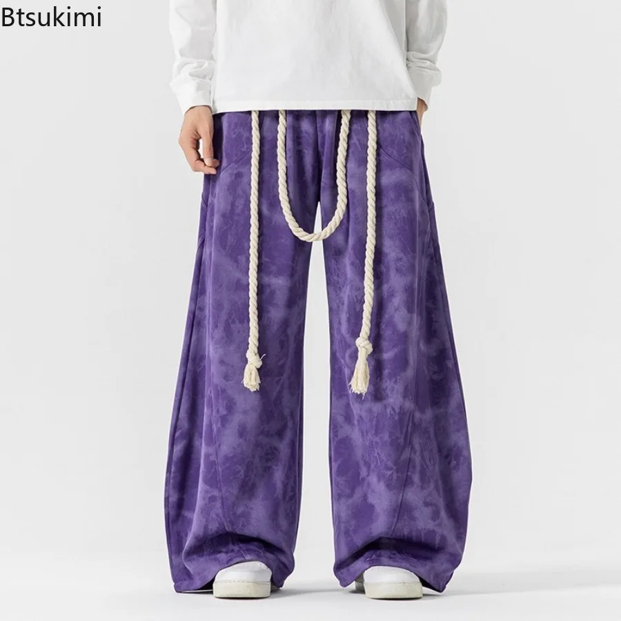 2025 Autumn Winter New Men's Plus Size Wide Leg Pants Japanese Hong Kong Style Tie Dye Casual Sweatpants Curved Knife Trousers