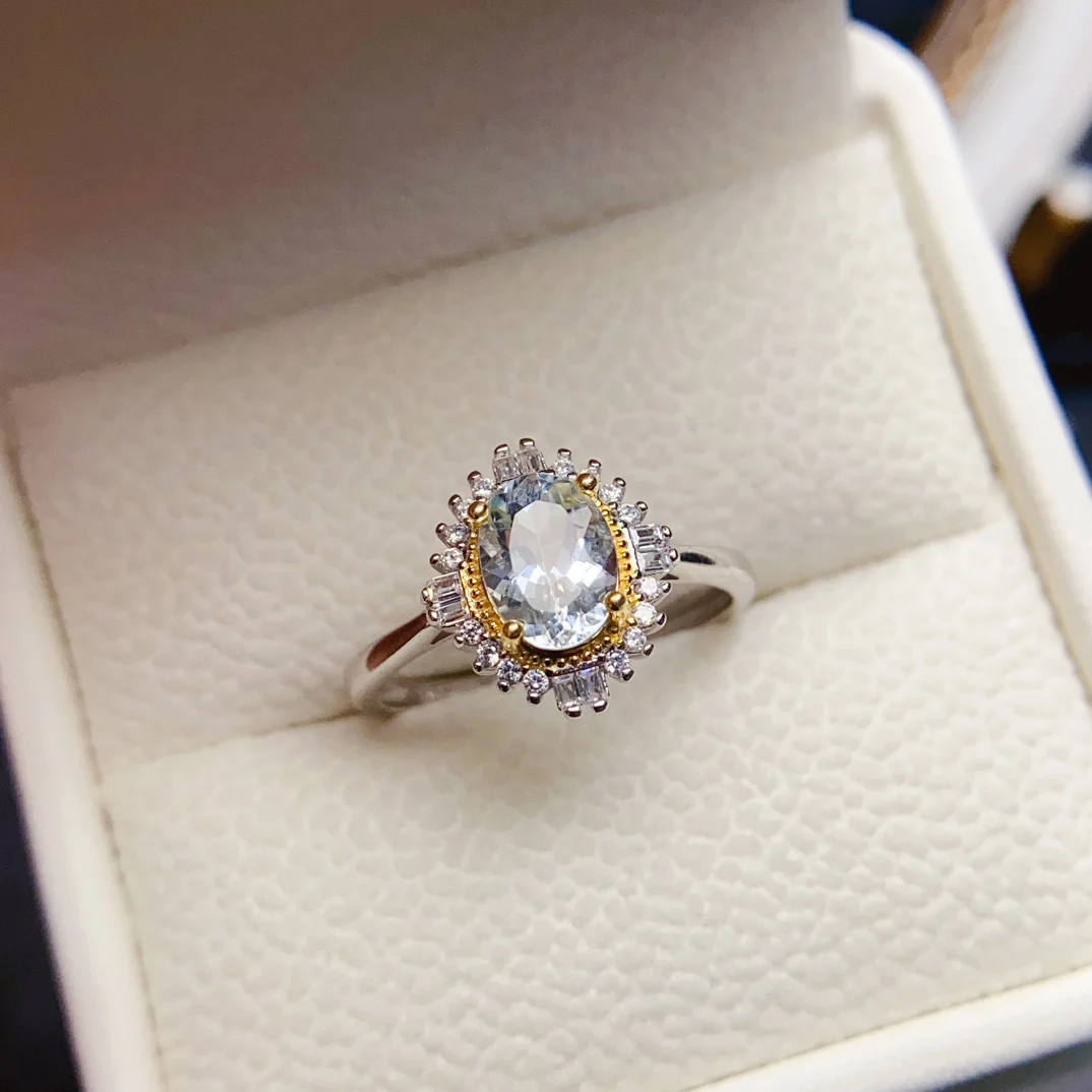 FS 6*8mm Natural Aquamarine Ring S925 Sterling Silver Fine Charm Weddings Jewelry for Women Certificate MeiBaPJ Christmas Gift