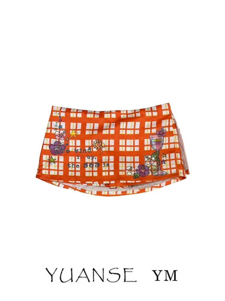 

Summer Orange Ultra-ort Side Zip Se Skirt Women's 2025 New Vintage Print f Skirt Low Waist Other Material Skirt