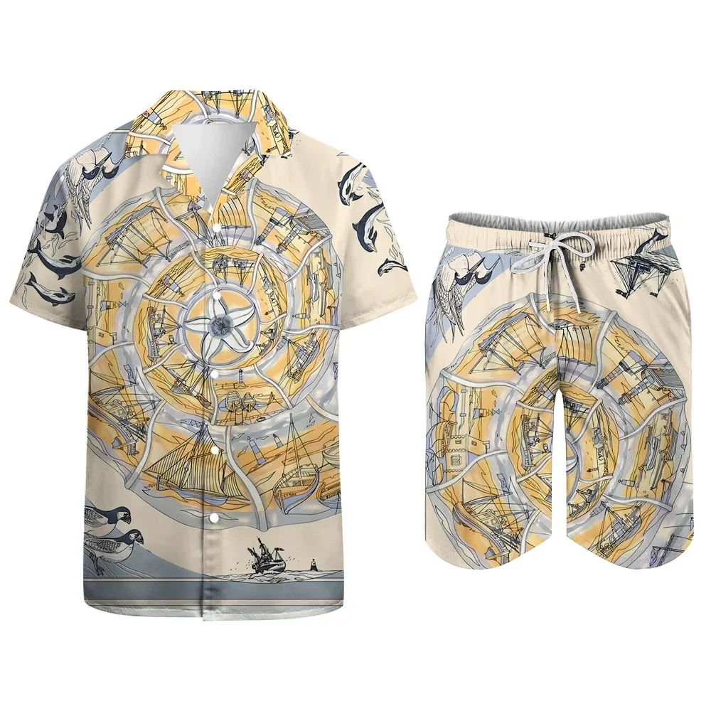 Гавайский комплект рубашек, мужская рубашка с 3D принтом парусного узора, летняя модная повседневная повседневная рубашка большого размера на пуговицах + шорты, комплект из 2 предметов