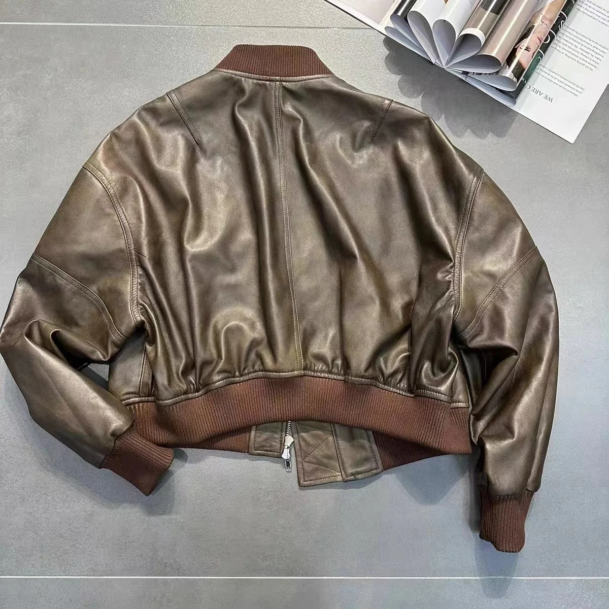 Leather Cropped Bomber Jacket For Women 2023 Winter European Old Money Designer Female Distressed Sheepskin Short Coat Outwear