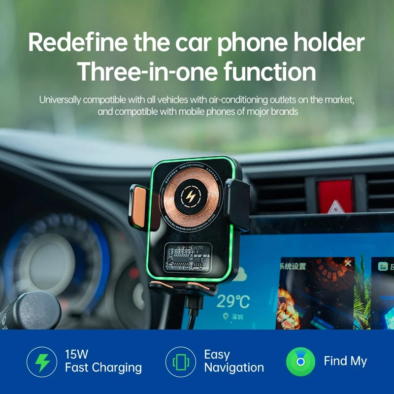 Zinc Alloy ABS 15W Type C Wireless Fast Charging Car Holder GPS Tracker Anti Lost 3-in-1 Find My Function Air Vent Mount