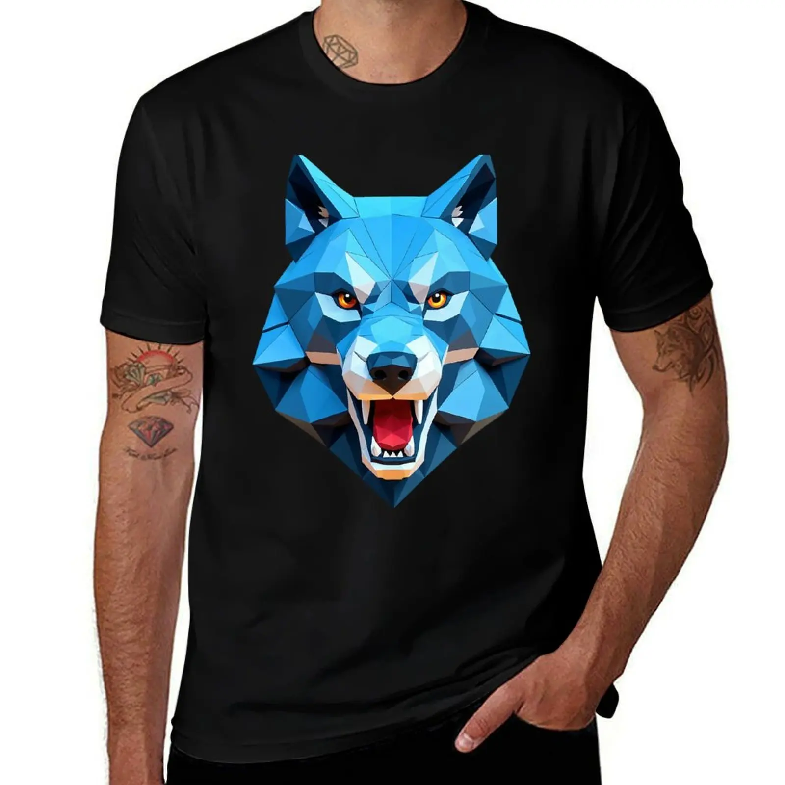 

Striking Geometric Blue Wolf Head with Open Mouth T-Shirt boys whites blanks fitted t shirts for men