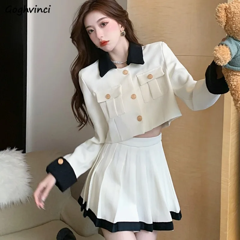 Women Sets French Style Cropped Blazer High Waist Pleated Skirt Two-piece Autumn Office Lady Button Trendy Classy Temperament