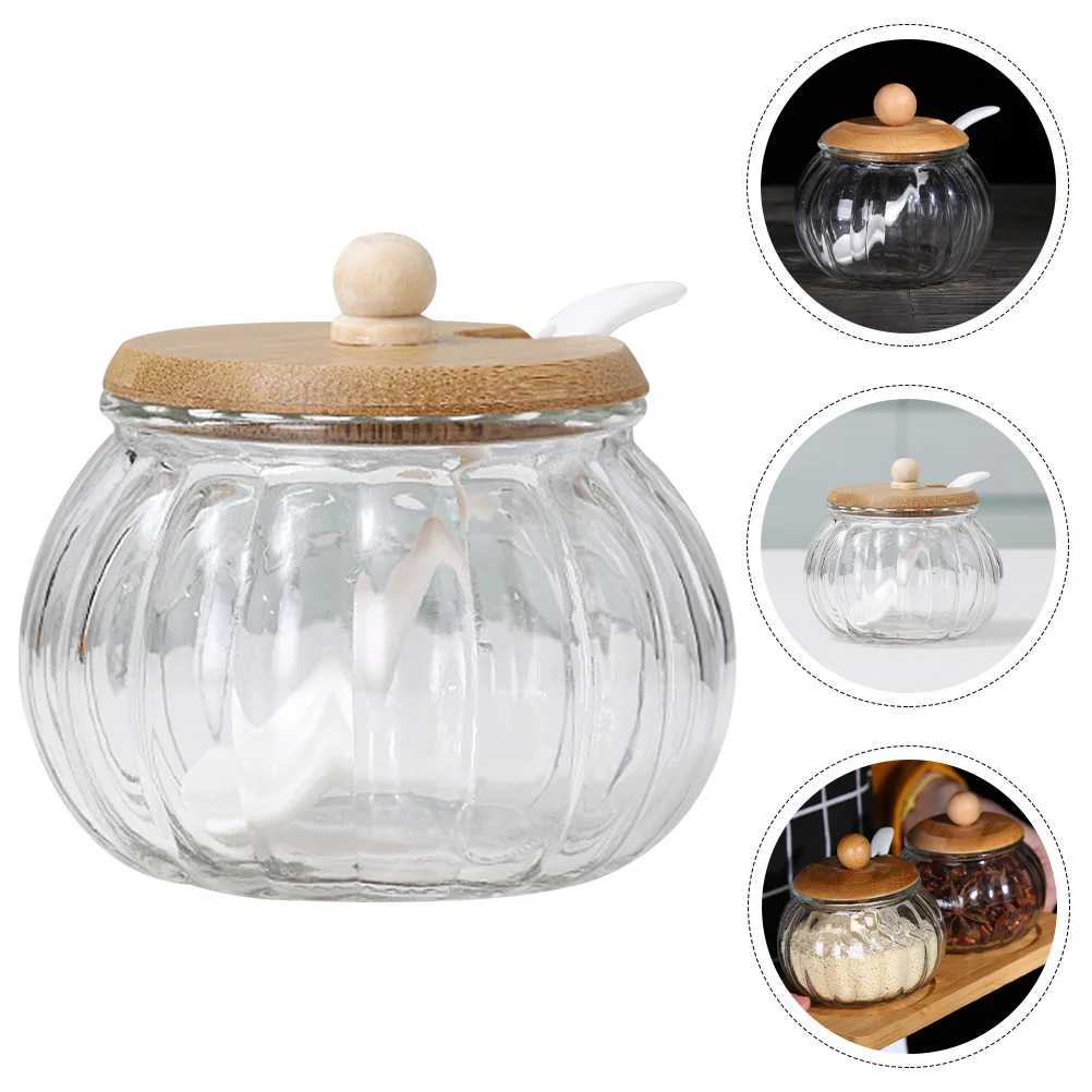 

Glass Food Containers with Lids Cookie Jar Salt Condiment Bamboo Seasoning Jars Pumpkin Office Bottles