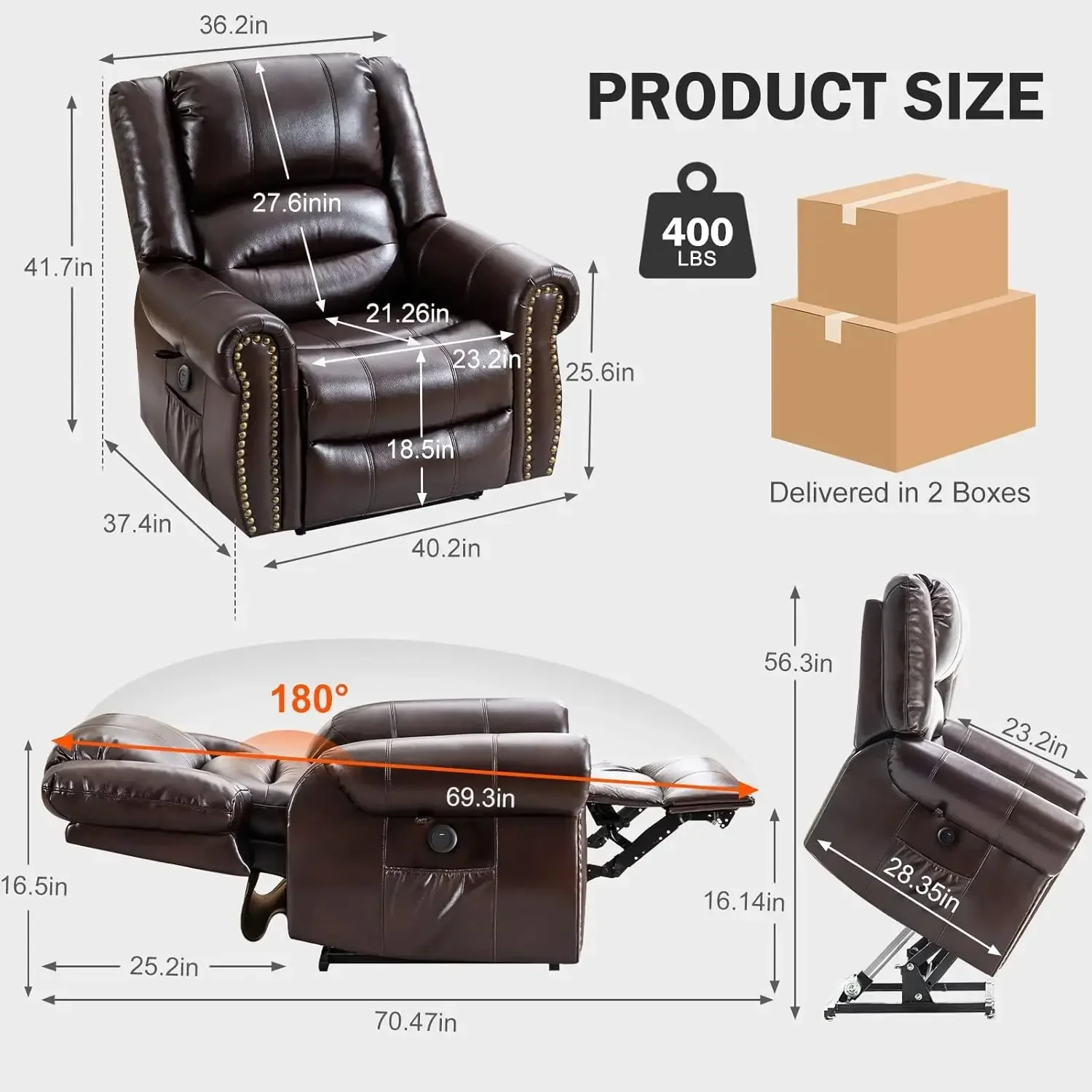 Dual Motor Lay Flat Lift Chairs Recliners for Elderly with Massage and Heat, Breathable Leather Infinite