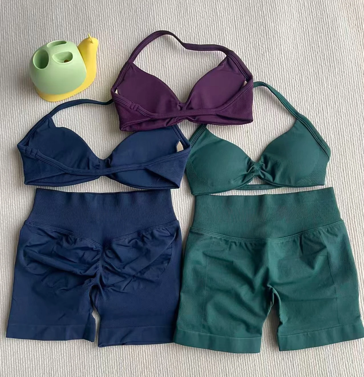 NO LOGO 2PCS Gym Set Women Strappy Yoga Bra Top High Waist Workout Scrunch Shorts Sports Suit Seamless Yoga Set Fitness Clothes