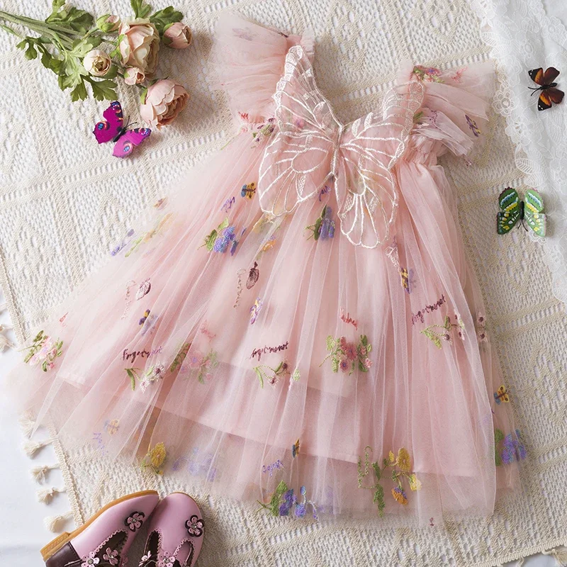 New Summer Toddler Girls Dress Butterfly Embroidery Flower Princess Dress Fuffy Mesh Tutu Suspender Baby Dress Kids Casual Wear