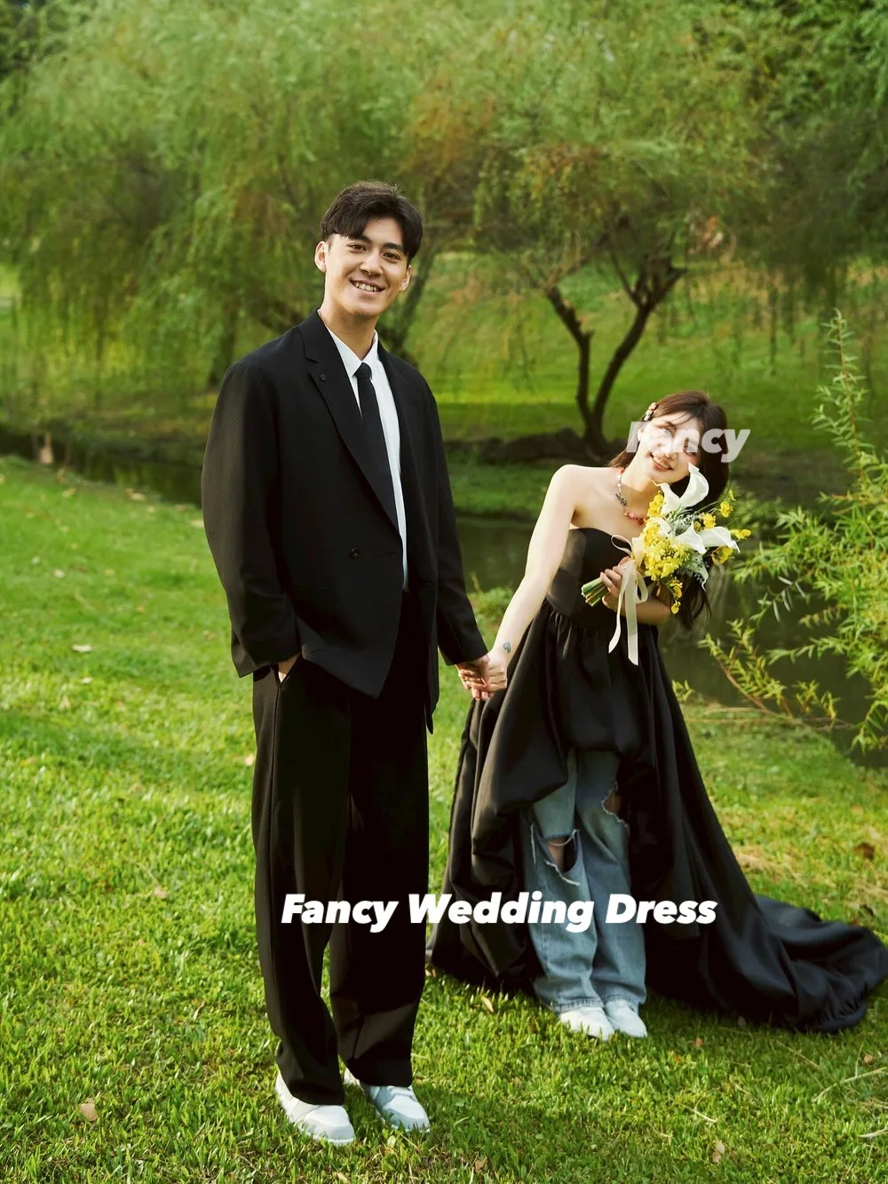 Fancy Irregular Strapless Wedding Dress Korea Photoshoot A Line Bridal Gown Soft Satin Back Corset Evening Dresses Customized