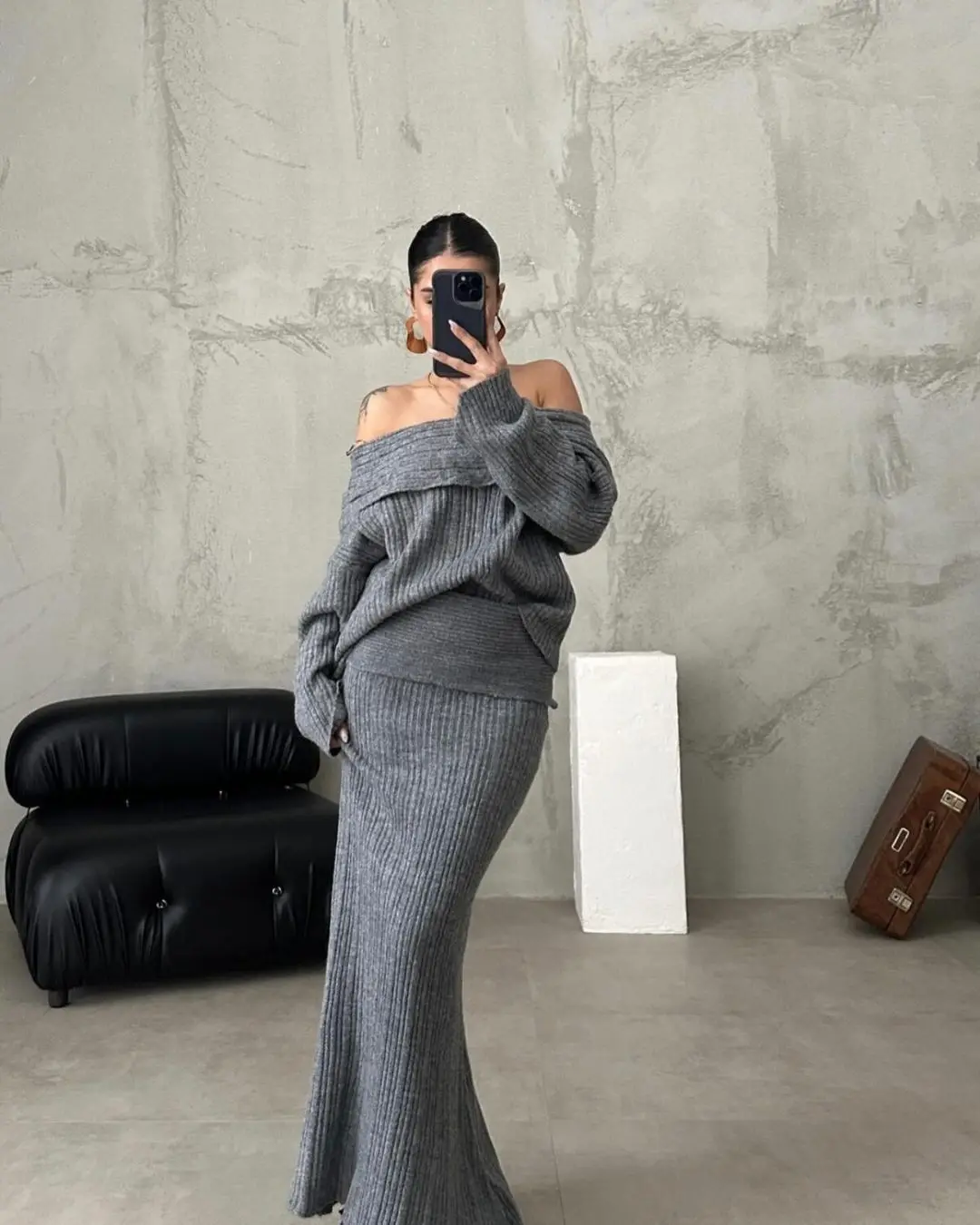 Autumn Winter Fashion Women Off-the-Shoulder Knitted Sweater Set Long Sleeve Long Skirt Y2k Sexy Casual 2 Piece Dinner Partywear