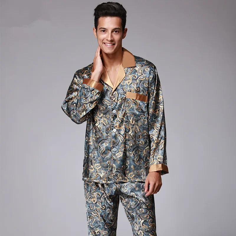 New Luxury Pajamas Men Paisley Pattern Sleepwear Silk Long-sleeved Satin Mens Pyjamas Men\'s Lounge Pajamas Set Plus Size 4XL