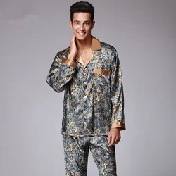 New Luxury Pajamas Men Paisley Pattern Sleepwear Silk Long-sleeved Satin Mens Pyjamas Men's Lounge Pajamas Set Plus Size 4XL