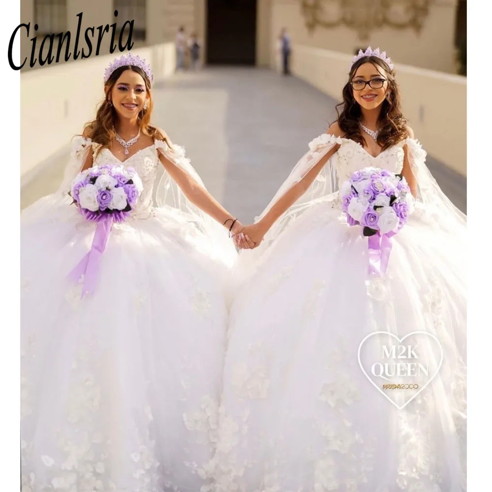 Quinceanera Dresses With Long Cape Appliques White Princess Pornos De 15 Años Formal Party Ball Gown