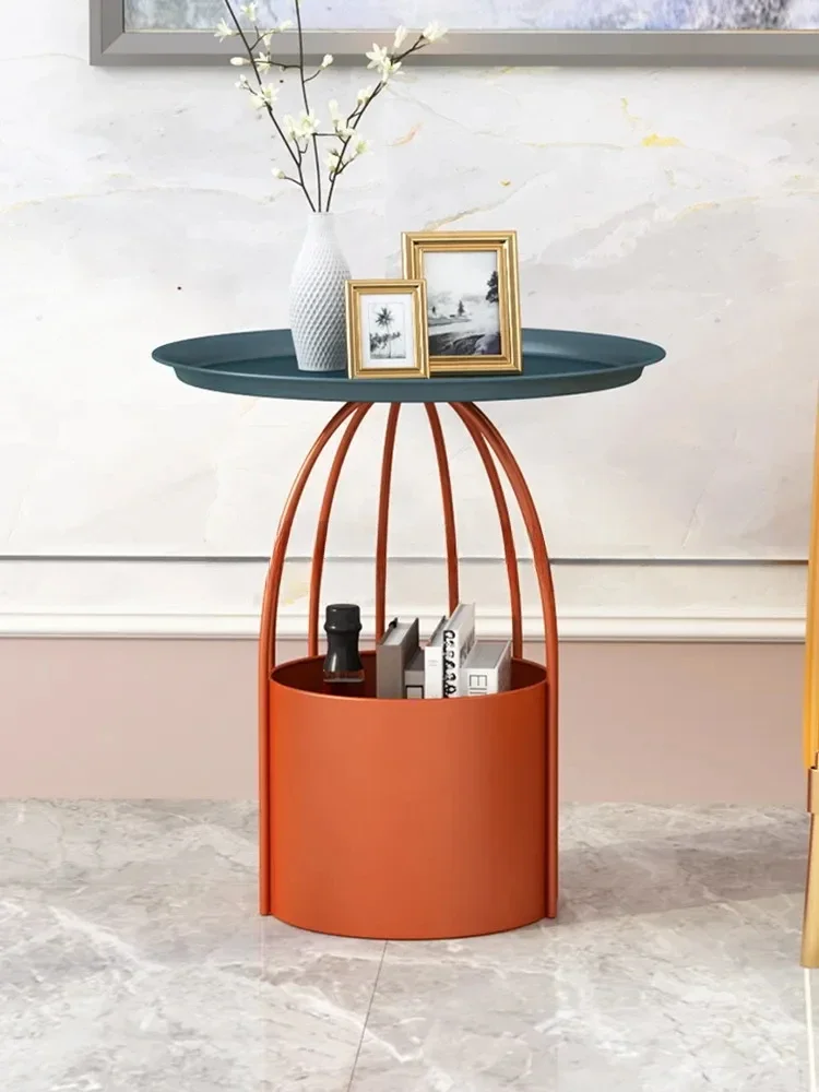 

Nordic Simple Iron Small Tea Table Corners Round Coffee Table Lving Room Mini Sofa Side Table with Storage Balcony