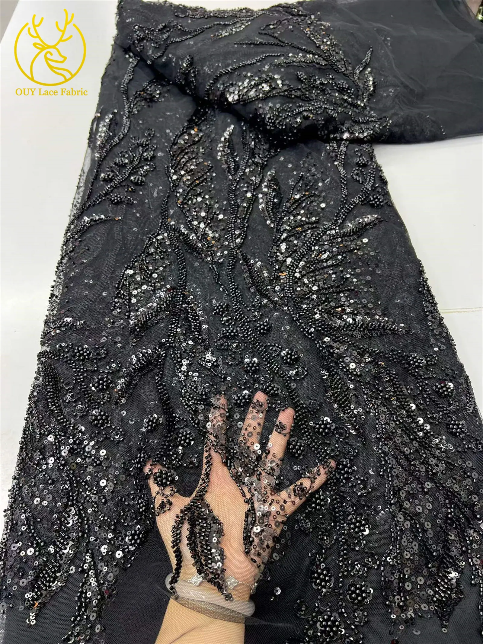 Grüner luxuriöser afrikanischer Stickerei-Pailletten-Spitzenstoff, 5 Yards, französischer Perlen-Tüll-Spitzenstoff, nigerianischer Stoff für Hochzeitskleider zum Nähen – Detail 10
