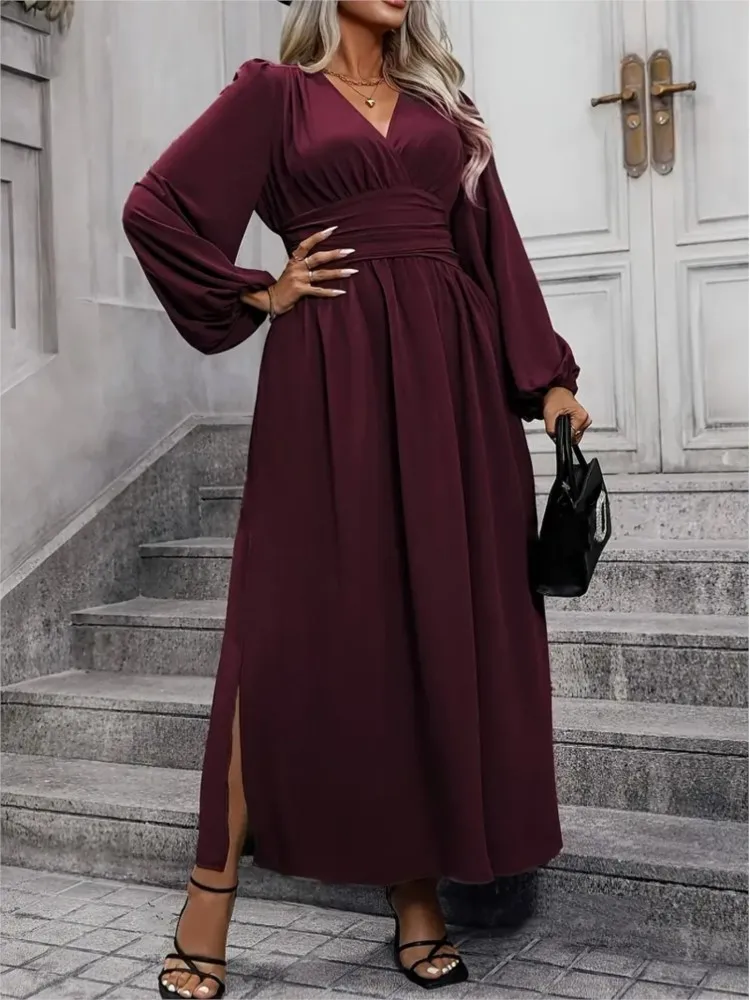 Plus Size Herbst V-Ausschnitt Kleid Frauen schlanke hohe Taille Mode Laterne Langarm Damen Kleider Rüschen plissiert lose Frau Kleid