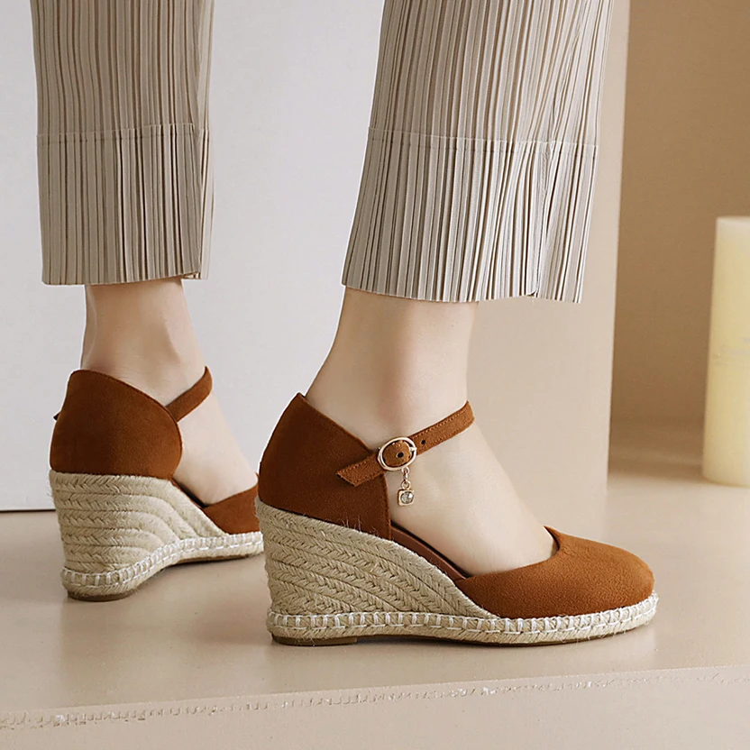 brand New platform wedges high heels Espadrilles sandals women Straw Summer Party ankle-wrap Casual Round Toe Shoes Woman Pumps