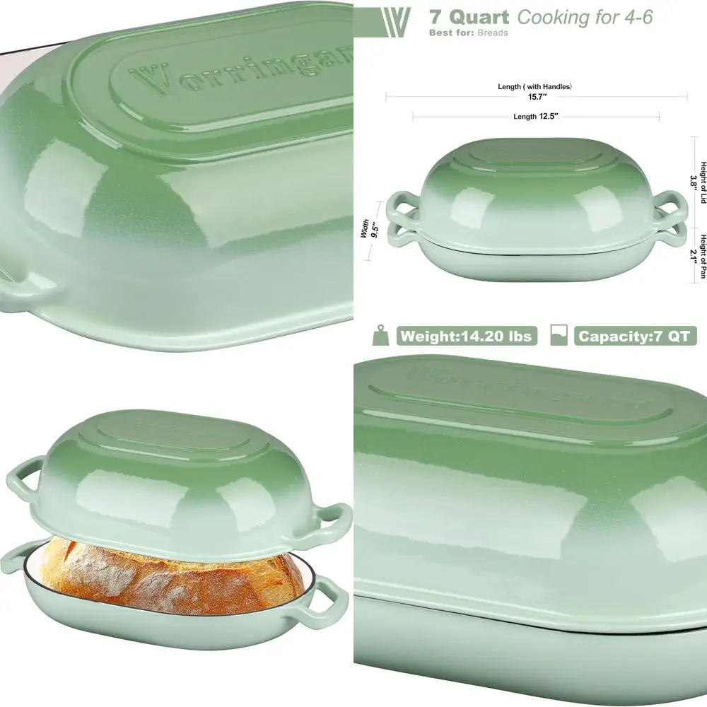 

Green 7-Quart Enamel Cast Iron Sourdough Loaf Pan with Lid for Homemade Bread and Meatloaf Baking