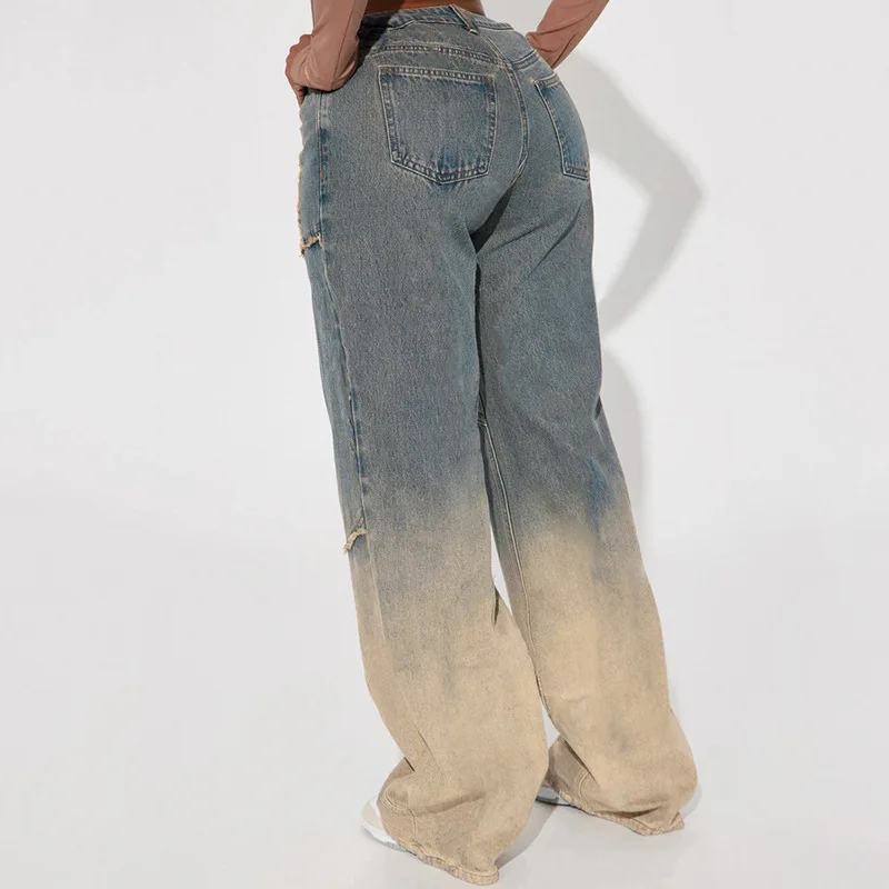 

Design Sense Gradually Changing Color, Fringed Edge Splicing, Washed Denim Jeans, 2024 Street American Spicy Style, Loose Pants