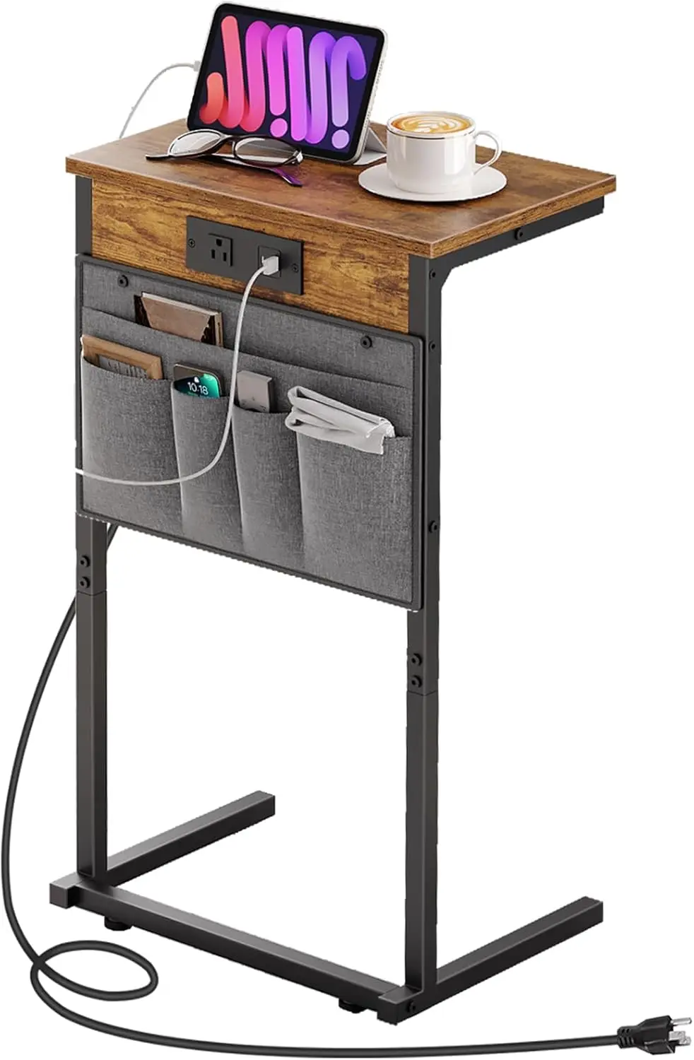 

C-Shaped End Table with Charging Station, 28" H Sofa Side Table with Storage Bag for Living Room, Rustic Brown