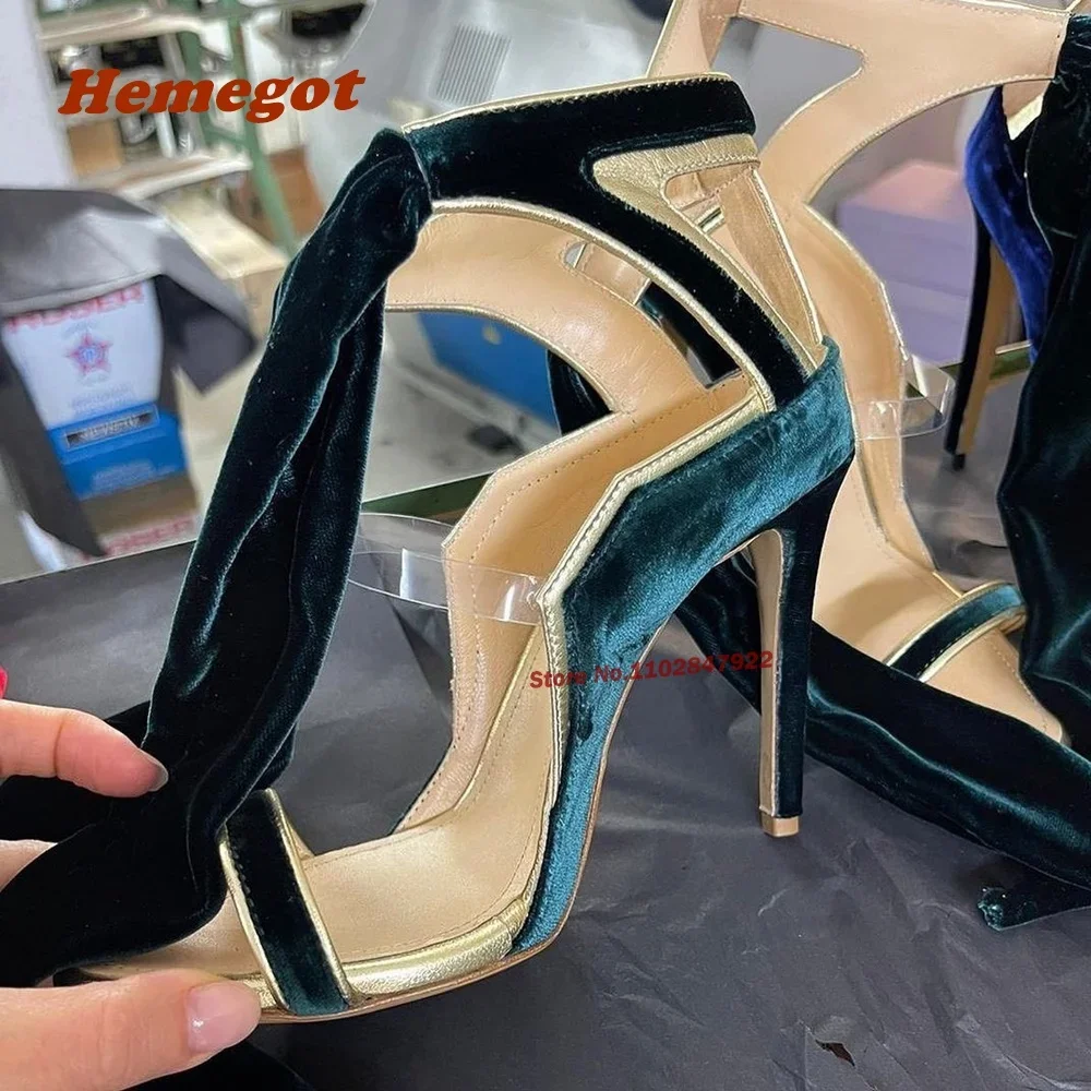 Sandalias de Terciopelo Verde con Cordones, Tacones de Aguja, Punta Abierta, PVC, con una Sola Tira, para Mujer, Novedad 2026, con Correa al Tobillo, Tallas Grandes hasta 46