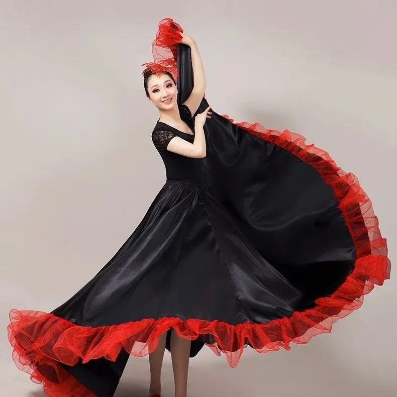 Donne spagnole Paso Doble Flamenco Gonna Liscia Grande Altalena Cuciture in pizzo Festa di Carnevale Sala da ballo Costumi di danza del ventre zingara