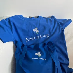 Jesus Is King Flower Embroidered Royal Blue T Shirts Women Summer Short Sleeve Loose Cotton Casual Tops Vintage Christian Tees