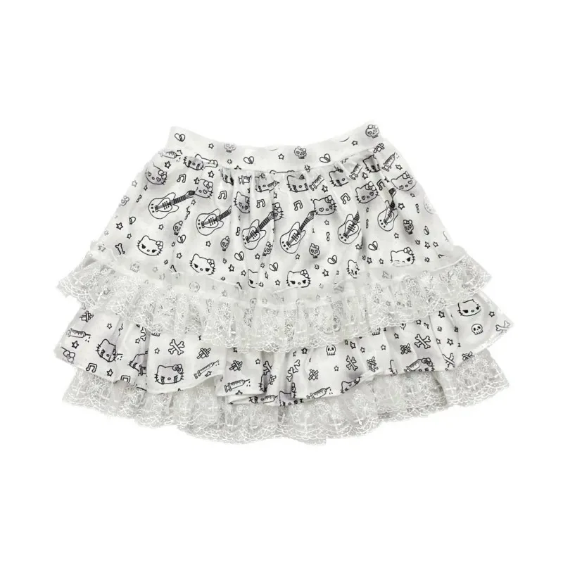 Japanese Y2K Cat Print Mini Skirt WomenSweet Ruffles Lolita Tutu Skirts Summer Lace Patchwork All Match A Line Skirts