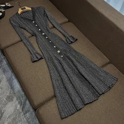 New Arrival 2024 Lady Solid Outwear V-neckline Long Sleeve Single-breasted Women Fit And Flare Knit Long Dress