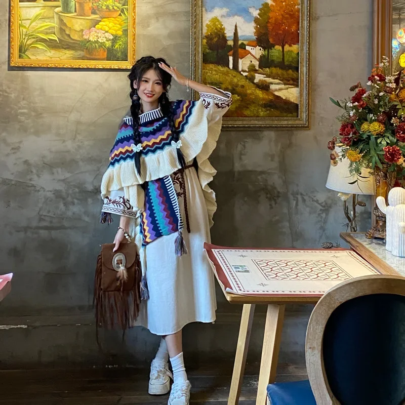 Poncho Vintage Cape เสื้อคลุมสวมใส่โบฮีเมีย Photo Capes ผู้หญิงสไตล์แห่งชาติพู่หนาอบอุ่นฤดูใบไม้ร่วงฤดูหนาวถักเสื้อสเวตเตอร์ถัก B2