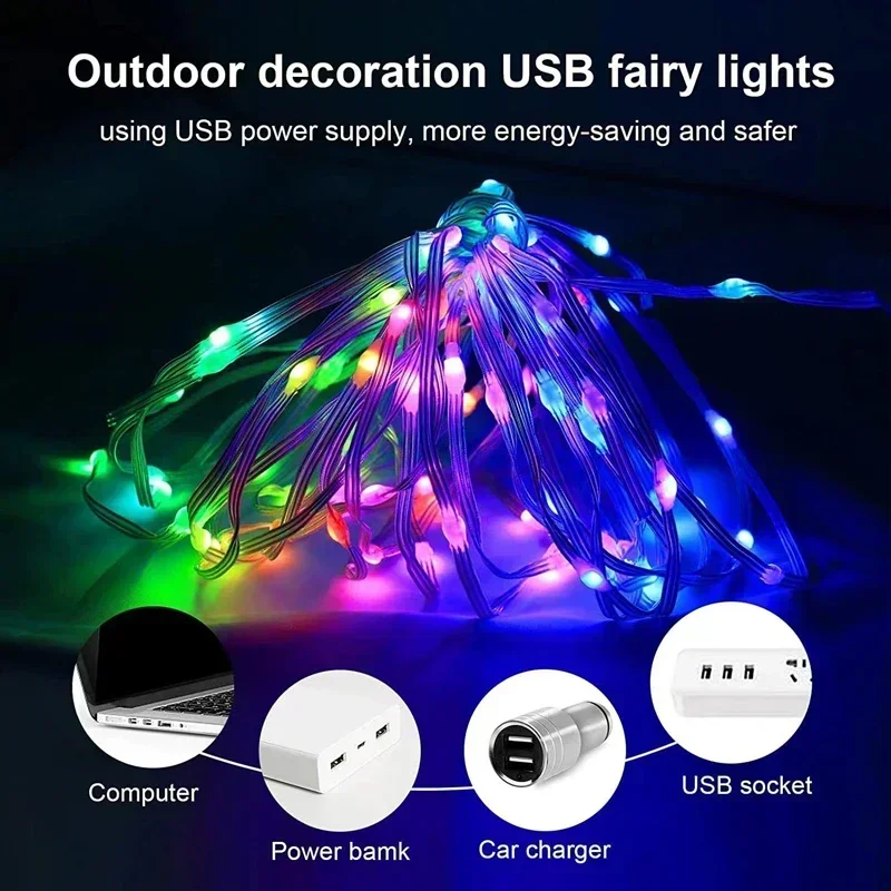 USB RGBIC LED Smart Fairy Lights APP Control Bluetooth String Light Waterproof Music PVC Wire DIY Birthday Party Christmas Tree