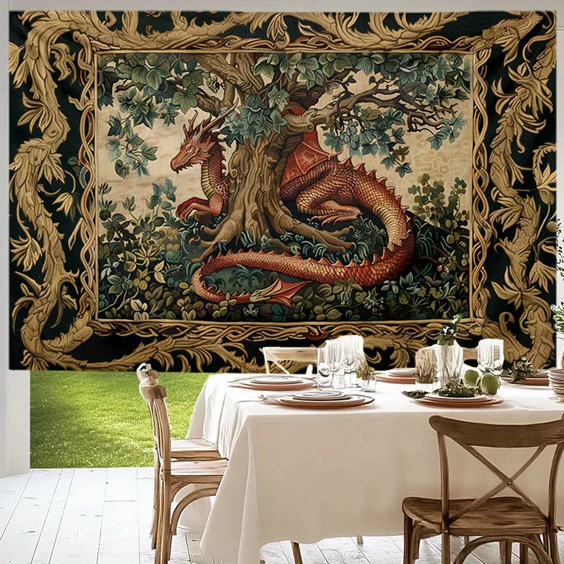 VIKAMA European Vintage Tree Dragon Tapestry Medieval Court Style Living Room & Dining Room Wall Hanging Home Decor